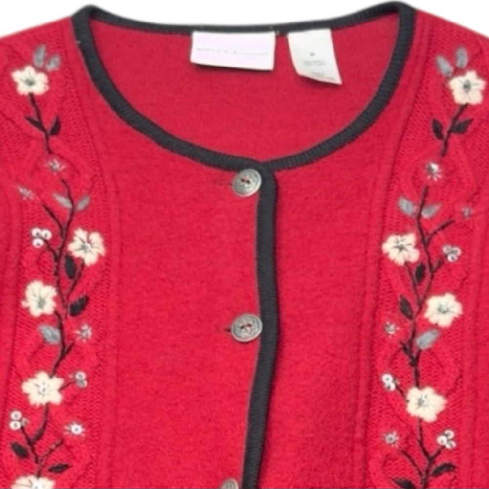 Alfred Dunner Wool Cardigan Floral Embroidered Womens‎ M Red Button Up Cottage
